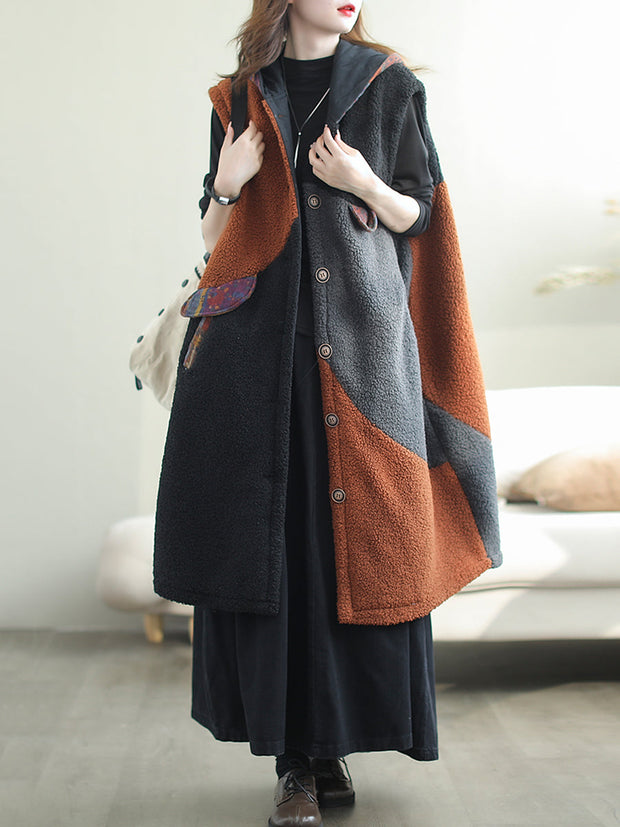 Women Autumn Casual Colorblock Hooded Vest Coat