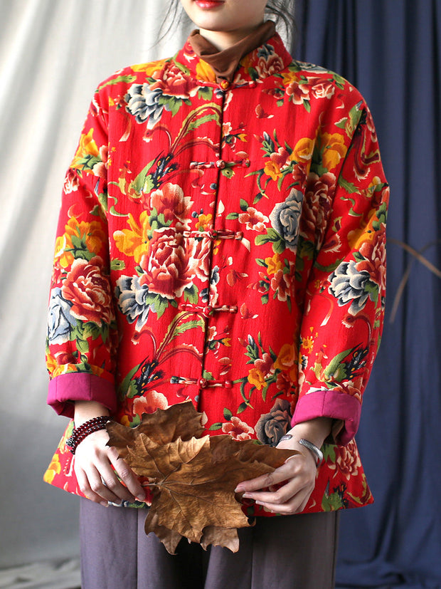 Women Vintage Ethnic Flower Winter Warm Padded Coat