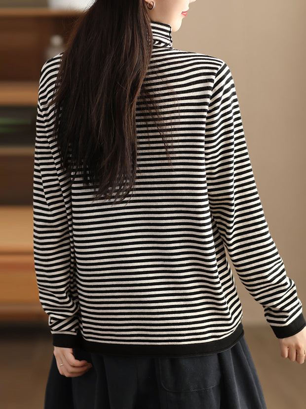 Women Casual Stripe Turtleneck Wool Warm Sweater
