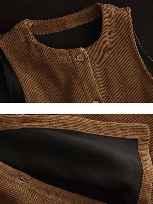 Women Vintage Corduroy Solid Button Vest Dress