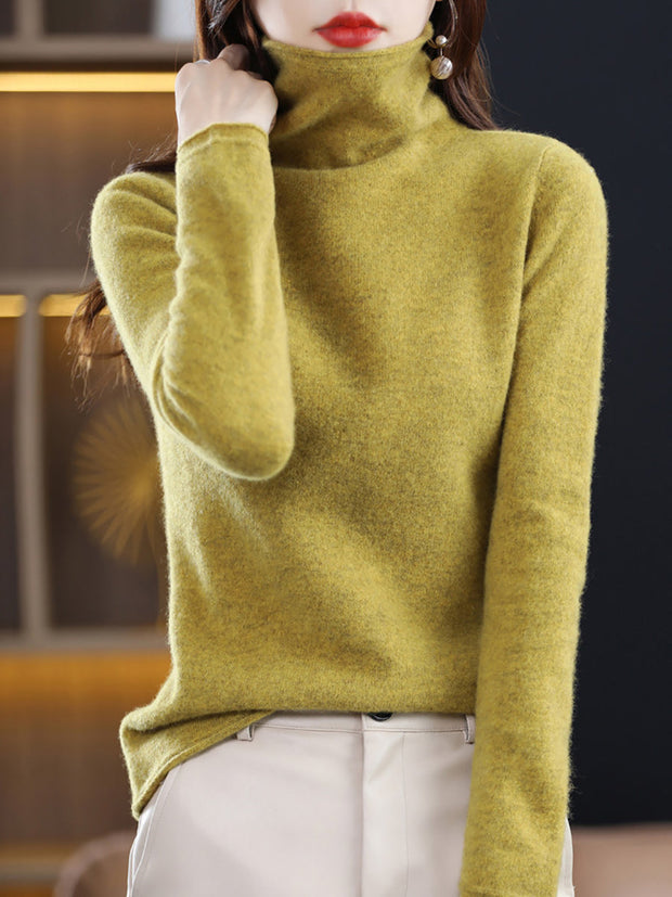 Women Winter 100%Wool Solid Turtleneck Baseshirt