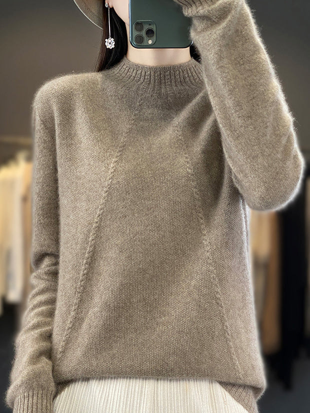 Women Winter Solid Warm Half-Turtleneck Wool Sweater