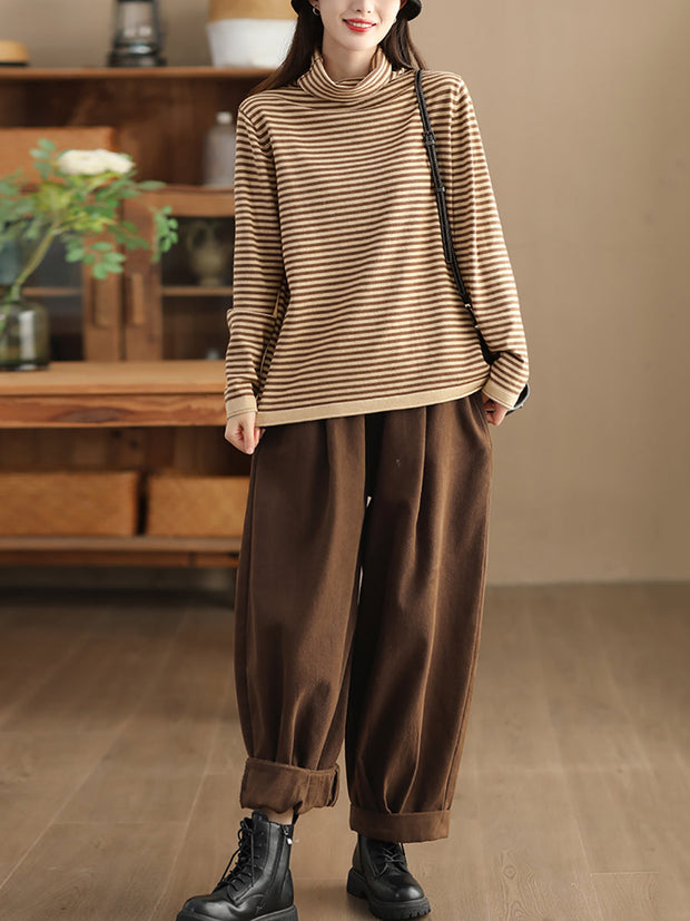 Women Casual Stripe Turtleneck Wool Warm Sweater