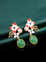 Women Flower Enamel Green Jade Glod Plate Earrings