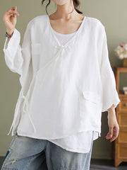 Plus Size Linen Casual String Irregular Women Loose Shirt