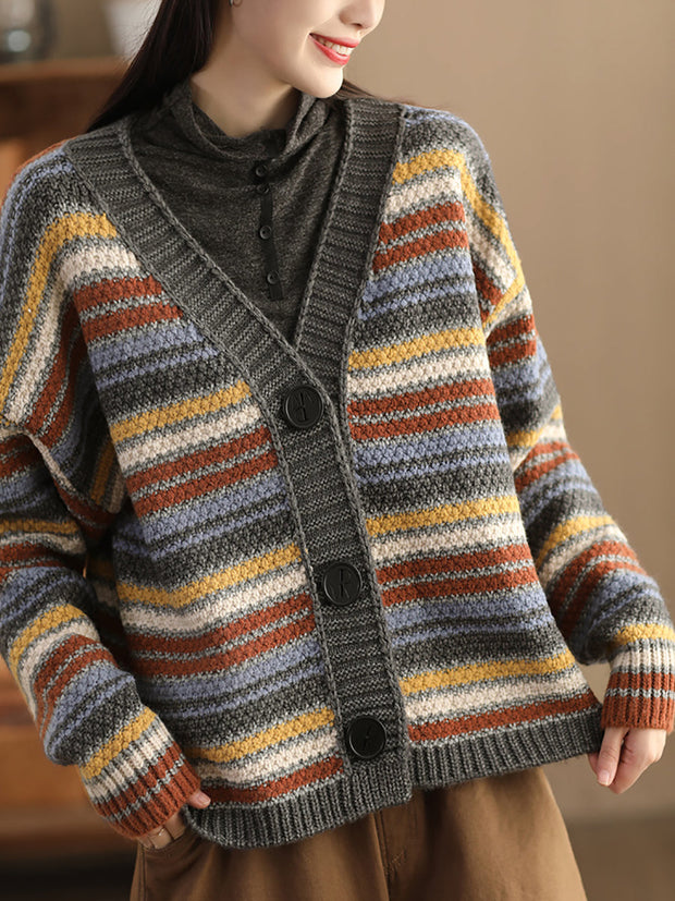 Women Vintage Colorful Stripe Jacqaurd Wool Sweater Coat