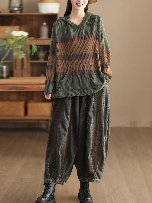 Women Vintage Spliced Knitted Pocket Hooded Sweater