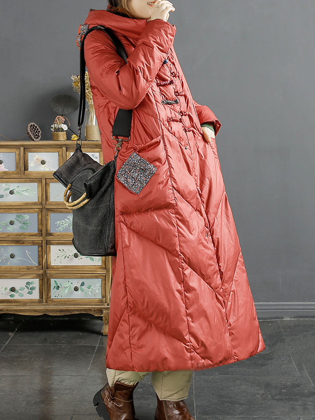 Women Ethnic Patch Spliced Long Hooded Down Coat