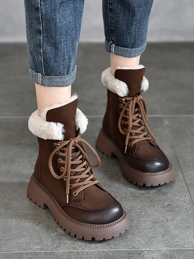 Women Vintage Leather Fleece-lined Platform Boots