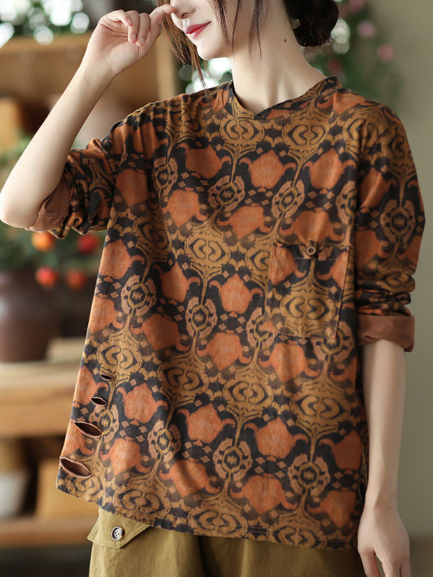 Women Vintage Print Pullover Loose T-Shirt