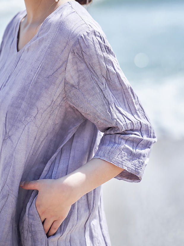 Women Casual Solid V-Neck Loose Linen Dress