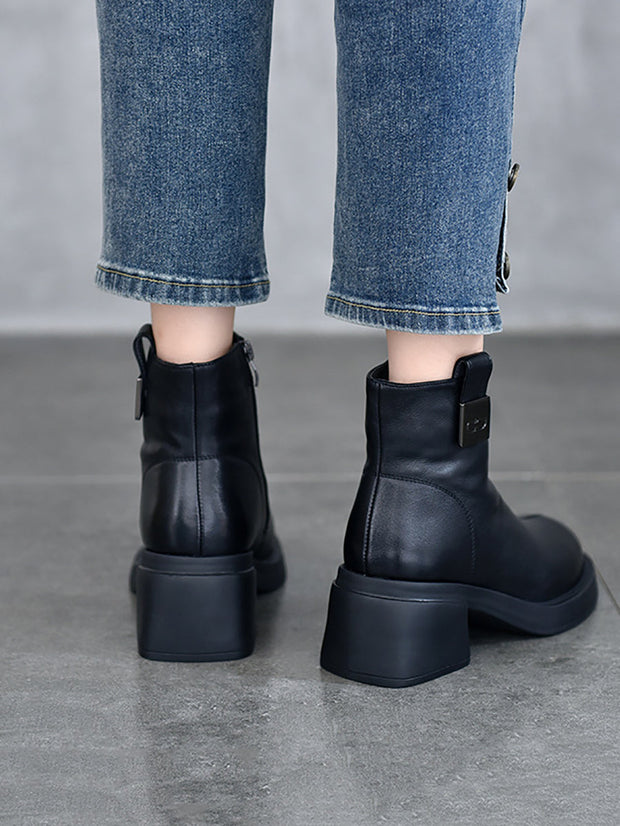 Women Winter Genuine Leather Chunky Heel Boots