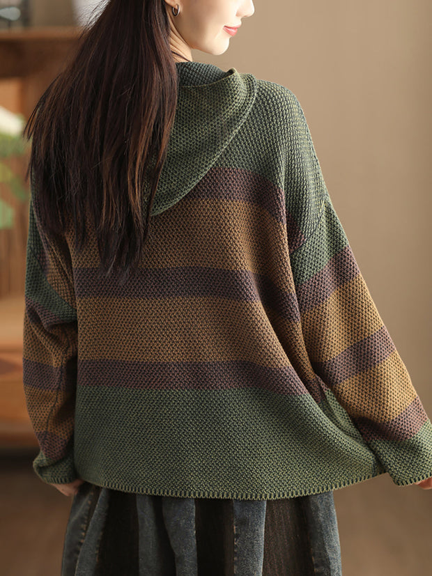 Women Vintage Spliced Knitted Pocket Hooded Sweater