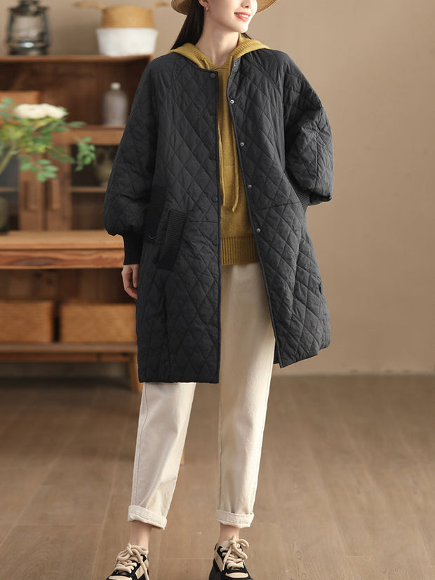 Women Casual Solid Rhomboid O-Neck Padded Coat