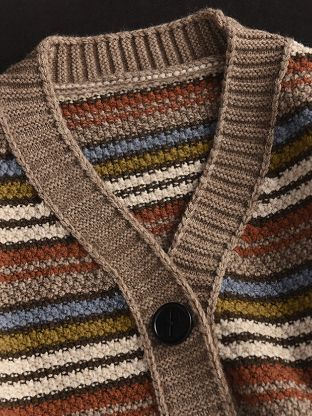 Women Vintage Colorful Stripe Jacqaurd Wool Sweater Coat