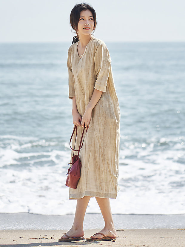 Women Casual Solid V-Neck Loose Linen Dress
