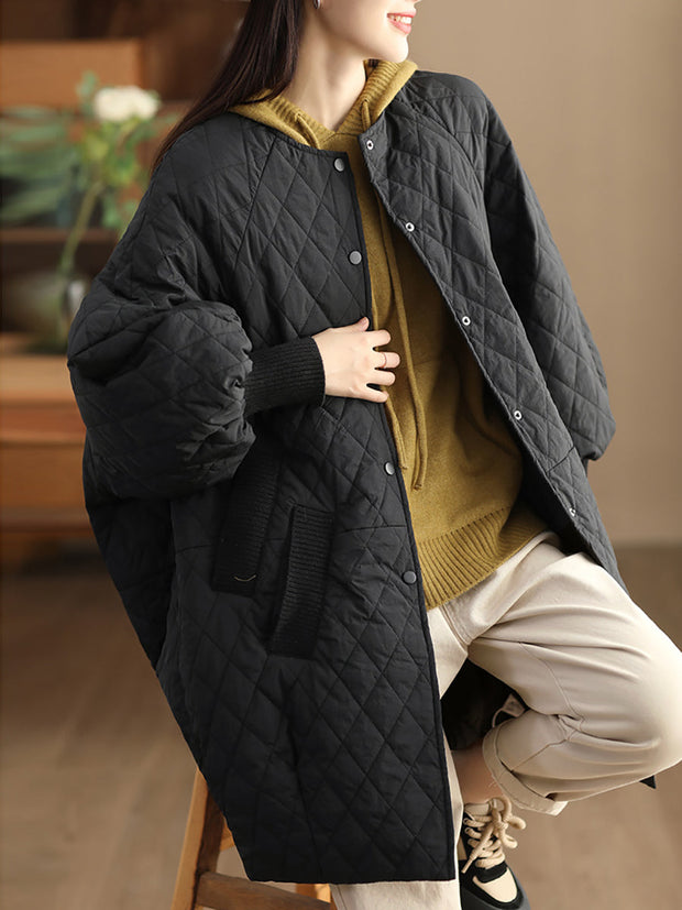 Women Casual Solid Rhomboid O-Neck Padded Coat