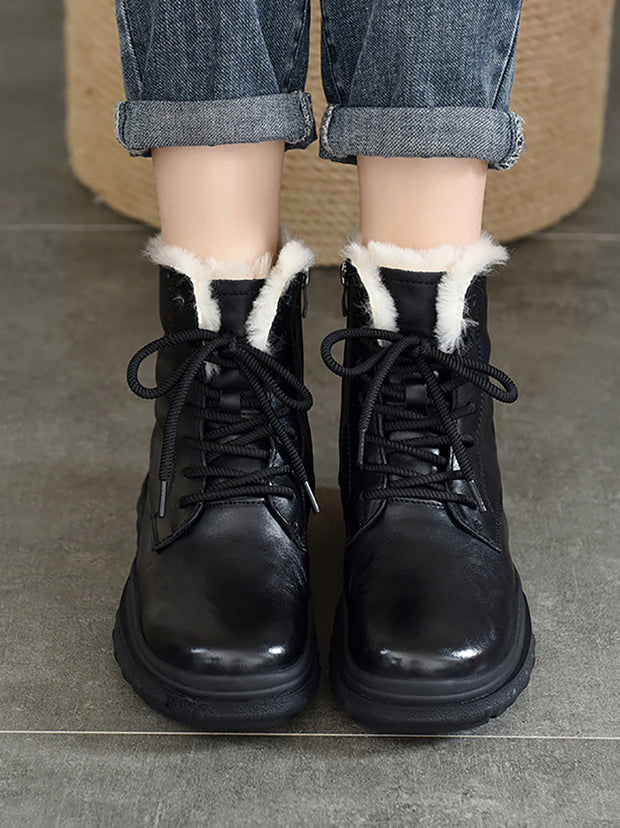 Women Retro Leather Solid Fleece-lined Platfrom Boots
