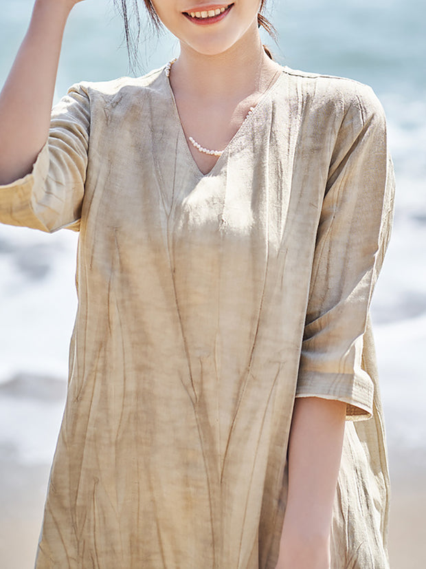 Women Casual Solid V-Neck Loose Linen Dress