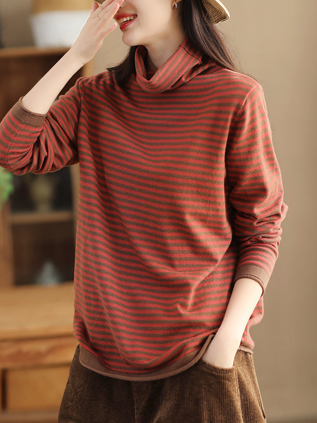 Women Casual Stripe Turtleneck Wool Warm Sweater