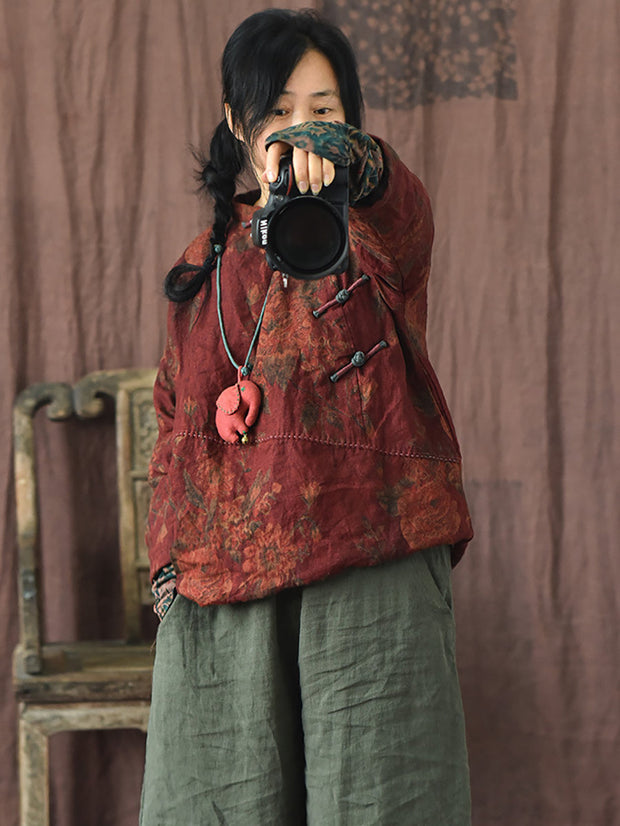 Damen-Mantel aus gespleißtem Leinen mit ethnischen Blumen