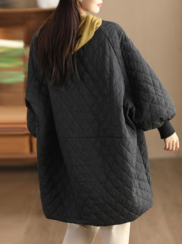 Women Casual Solid Rhomboid O-Neck Padded Coat
