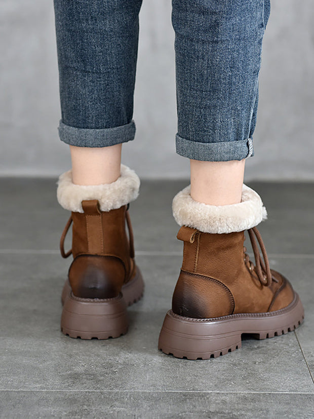Women Vintage Leather Fleece-lined Platform Boots