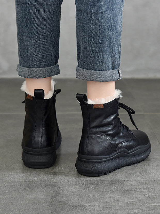 Women Retro Leather Solid Fleece-lined Platfrom Boots