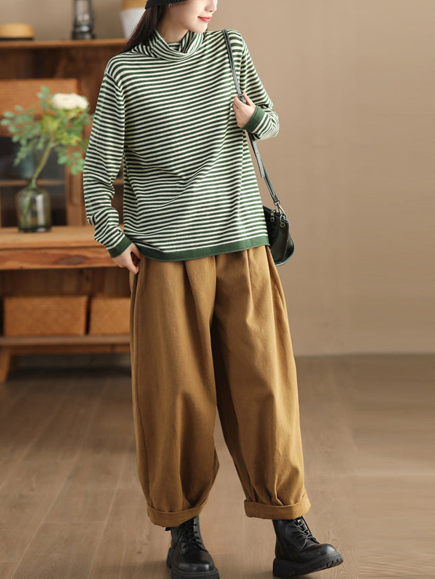 Women Casual Stripe Turtleneck Wool Warm Sweater