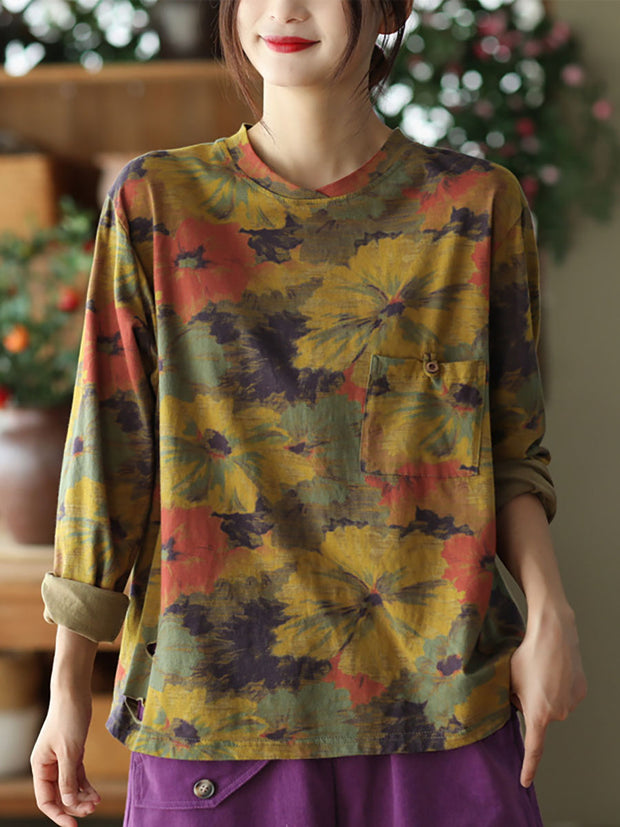 Women Vintage Print Pullover Loose T-Shirt