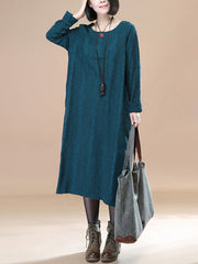 Literature Round Neck Long Sleeves Cotton Green Women Dress