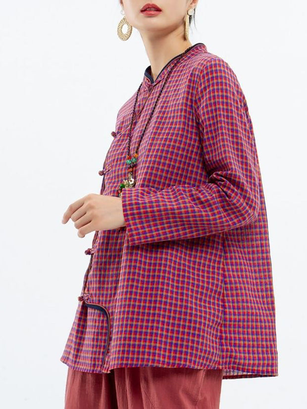 Women Retro Casual Plaid Linen Shirt