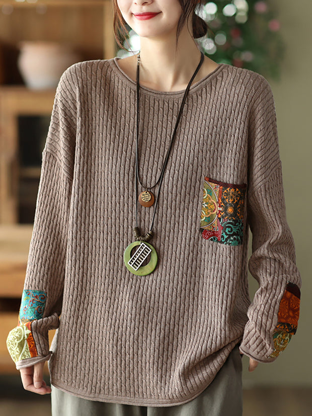 Women Vintage Print Patch Casual Loose Sweater