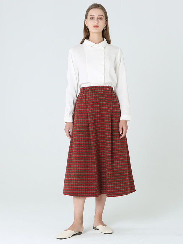 Women Plaid Loose Spring Pocket Elastic Waist Skirt