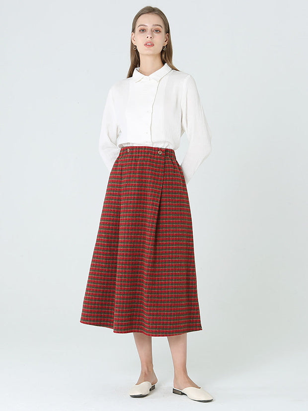 Women Plaid Loose Spring Pocket Elastic Waist Skirt