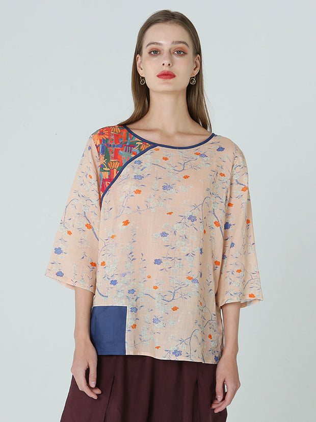 Flower Prints Drop Shoulder Spring Patchwork Women T Shirt M-2XL