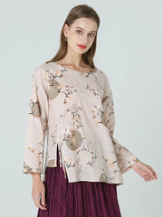 Floral Prints Cotton Long Sleeve Spring O Neck Women T Shirt