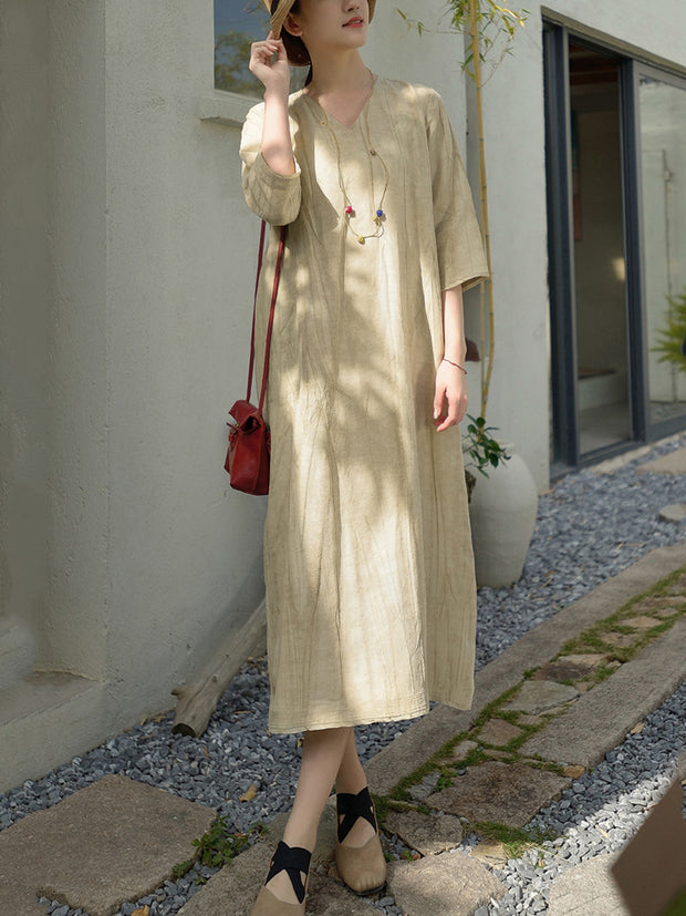 Women Casual Solid V-Neck Loose Linen Dress