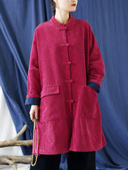Women Vintage Solid Corduroy Long Winter Coat