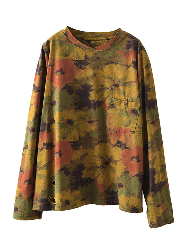Women Vintage Print Pullover Loose T-Shirt