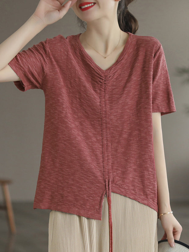 Casual Irregular Drawstring Cotton Women T Shirt