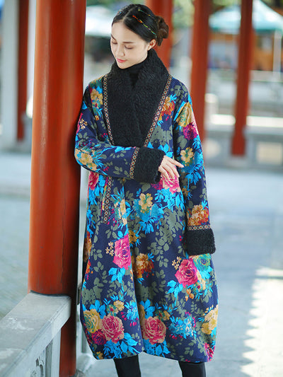 Women Winter Ethnic Flower Print Fur-Trimmed Pullover Coat