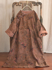 Floral Autumn Vintage Linen Women Loose Dress