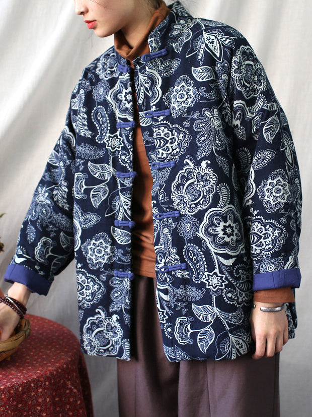 Women Vintage Ethnic Flower Winter Warm Padded Coat