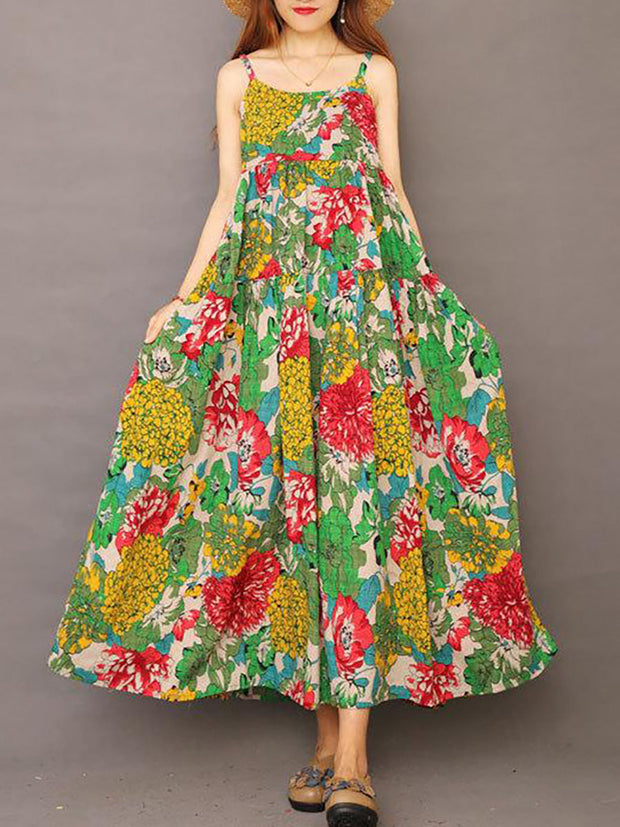 Summer Printed 100% Cotton Floral Suspender Pinafore Dress