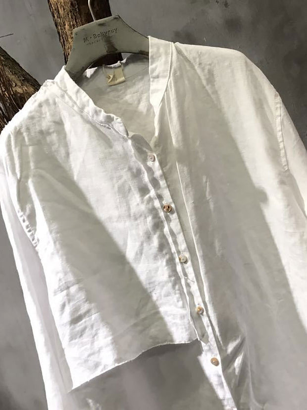 Stand Collar Long Sleeve Splicing Linen Shirt