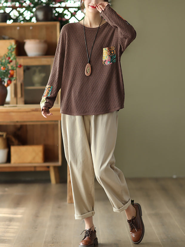 Women Vintage Print Patch Casual Loose Sweater