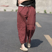 Women Casual Distressed Wine Red Loose Pants - Buykud