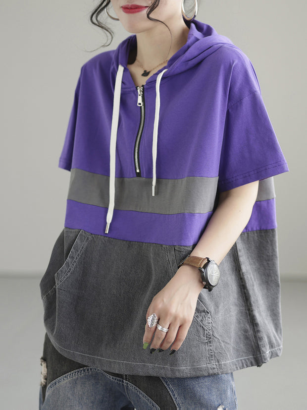 Zipper Casual Hoody Short Sleeve Cotton Women T Shirt