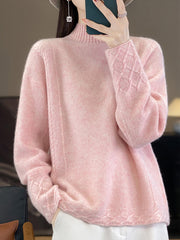 Women Winter Wool Solid Jacquard Half-Turtleneck Sweater